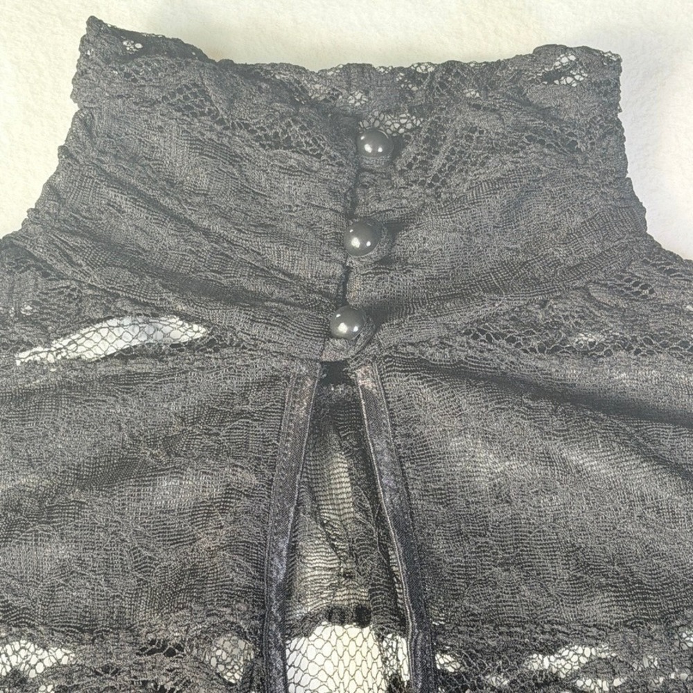 Black Sheer Floral Lace Mock Neck Long Sleeve Blouse Keyhole Mesh Top - Picture 10 of 15